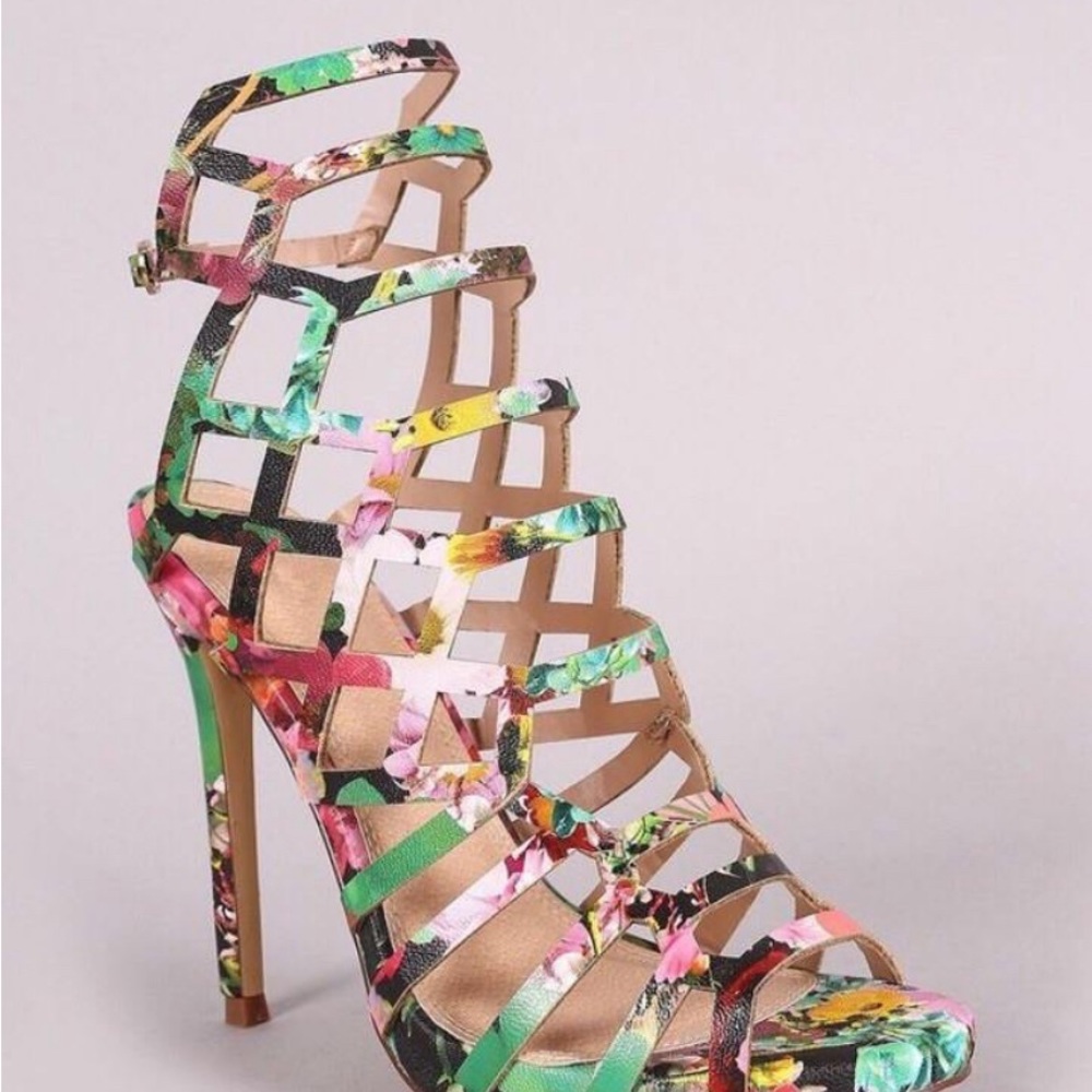 FLORAL SLING BACKS ANKLE STRAP HEELS